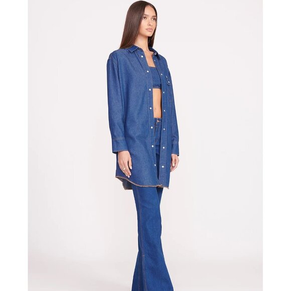 NEW Staud + Wrangler The Oversized Western Shirt Dress in Dark Rinse - Picture 8 of 12